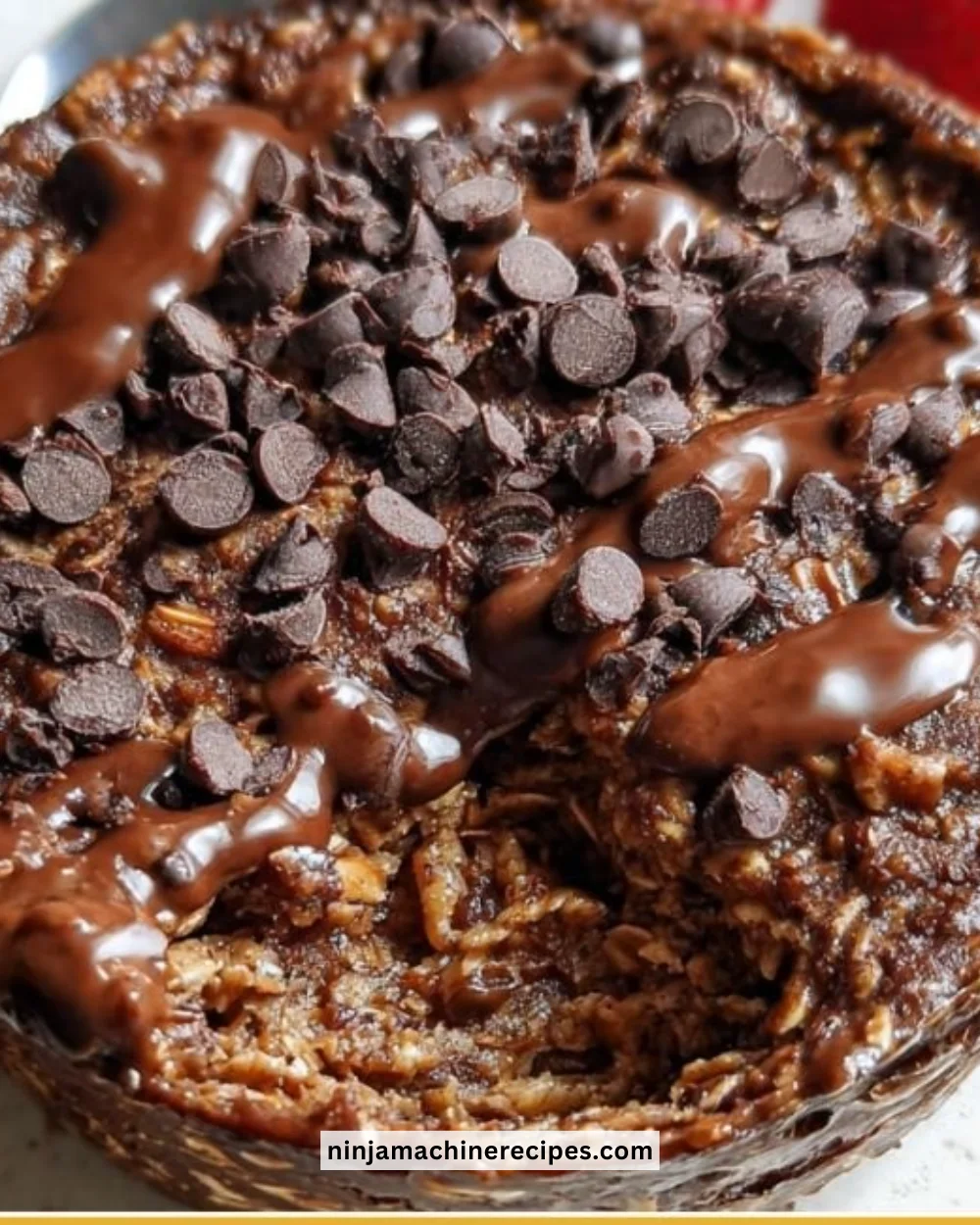 Fudgy chocolate baked oats topped with chocolate chips and fresh fruit