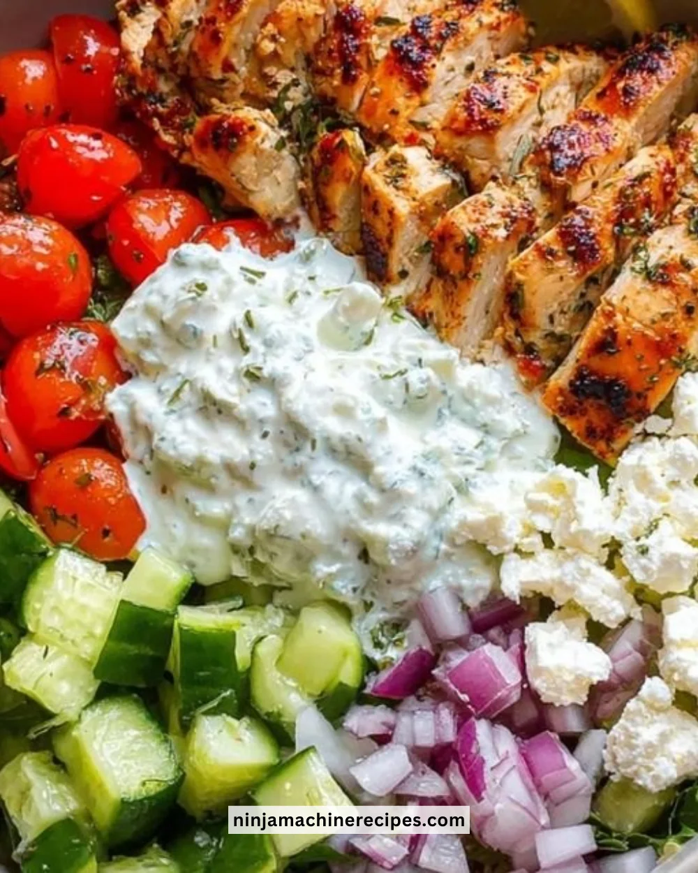 Healthy Greek chicken bowl with fresh vegetables and herbs