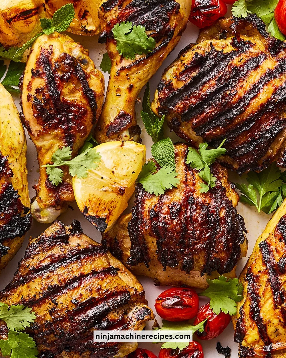 Delicious Grilled Persian Chicken garnished with herbs on a platter