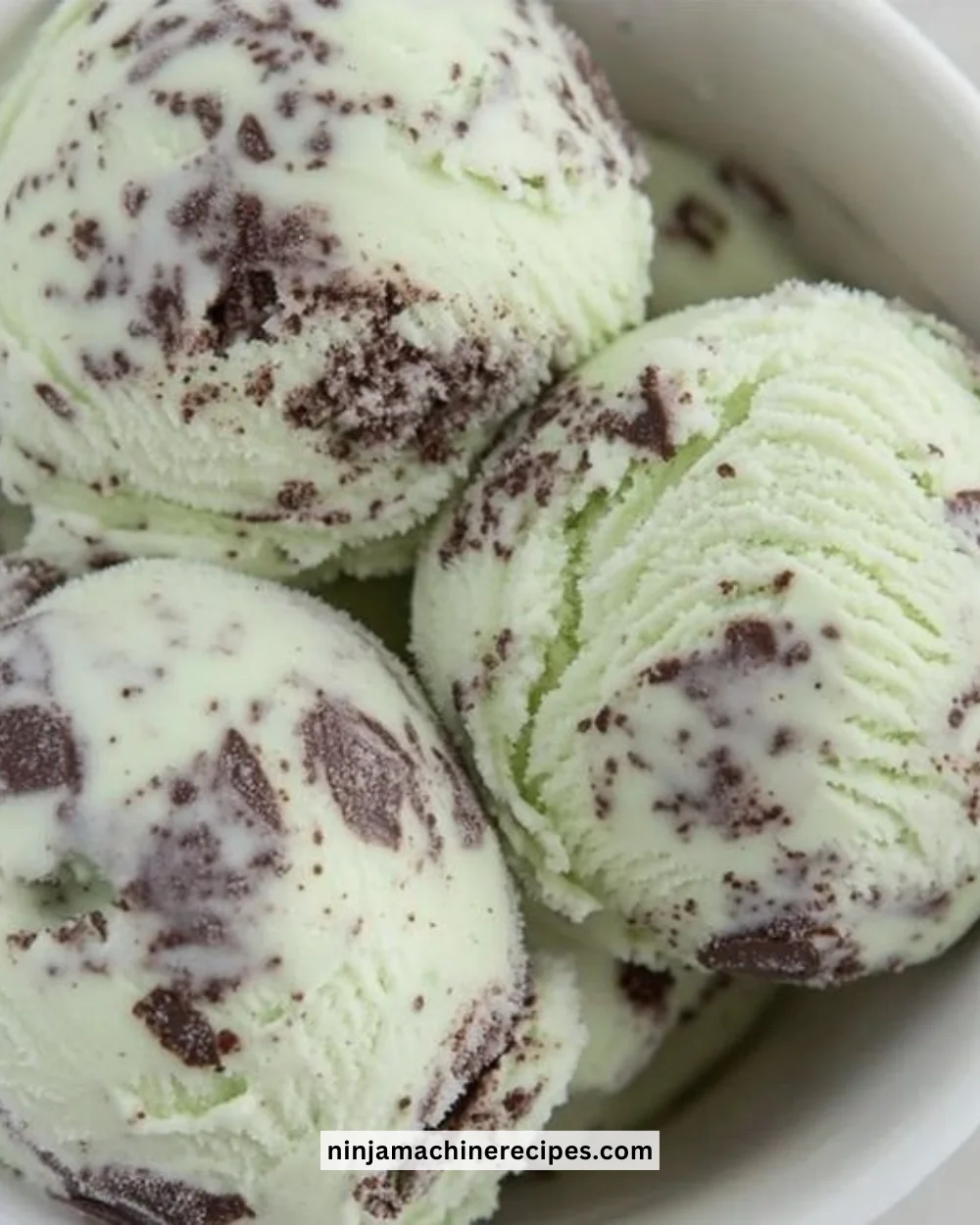 Bowls of Healthy Ninja Creami Thin Mint Ice Cream topped with mint leaves