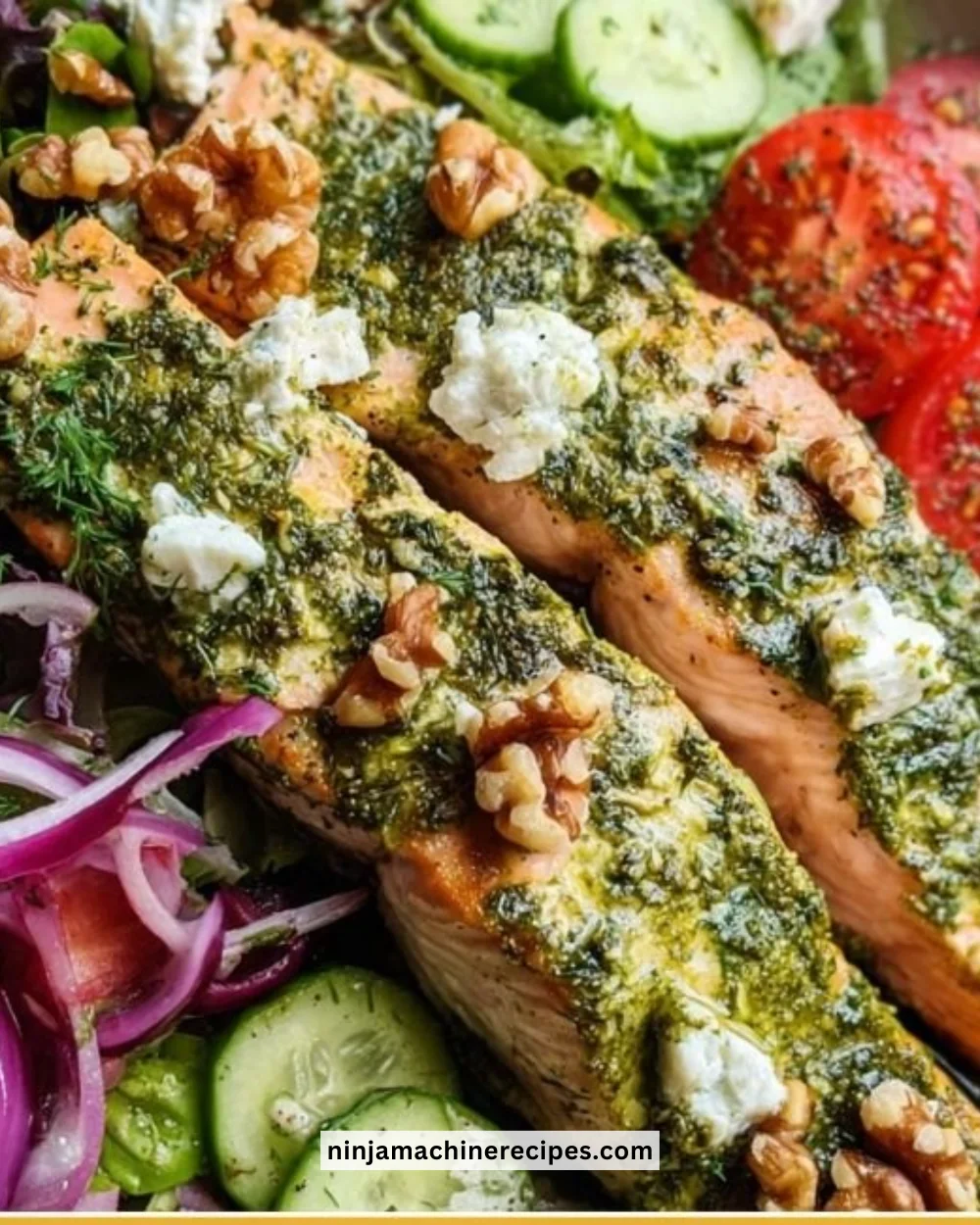 Plate of herb-crusted salmon salad with mixed greens and vibrant herbs
