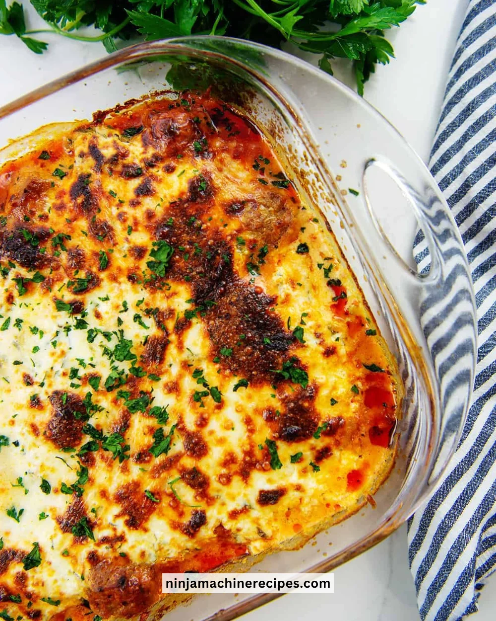 Delicious Keto Meatball Casserole served in a baking dish