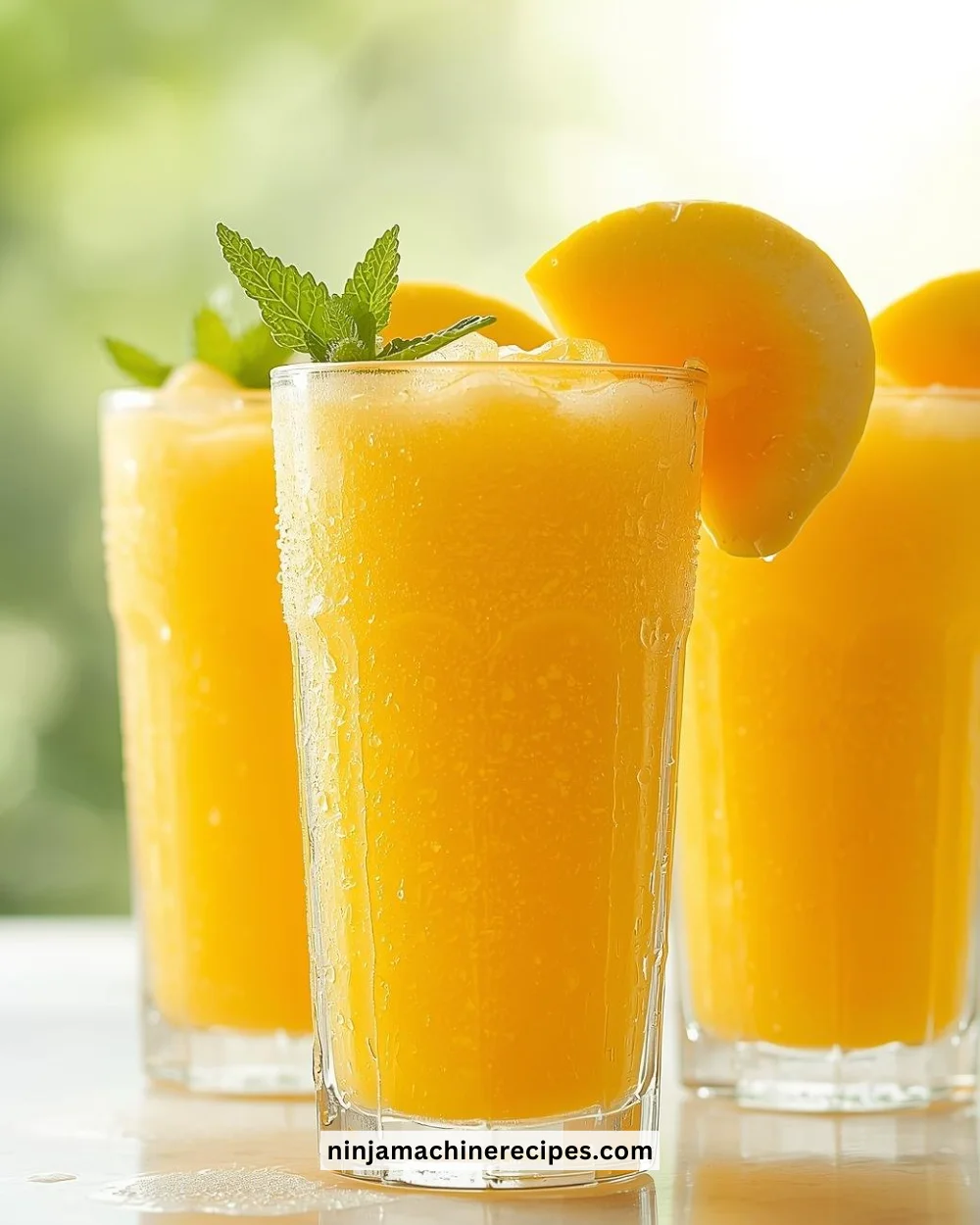 Refreshing homemade mango slushie in a glass with tropical garnishes