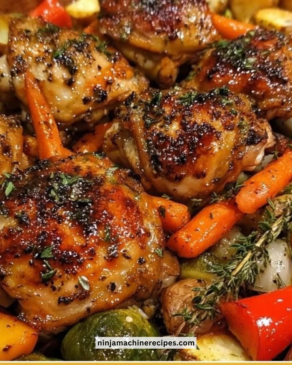 Maple glazed herb chicken thighs with roasted vegetables on a plate