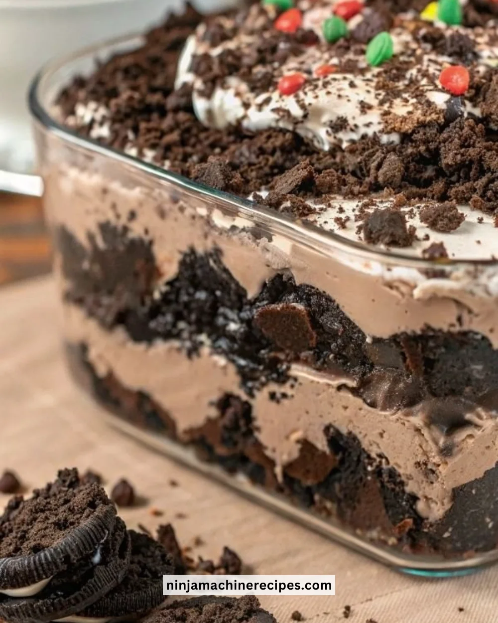 Delicious Oreo Dirt Cake decorated with crushed Oreos and served in a bowl