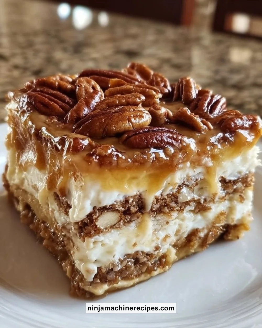Delicious pecan pie lasagna layered with rich flavors and topped with pecans.