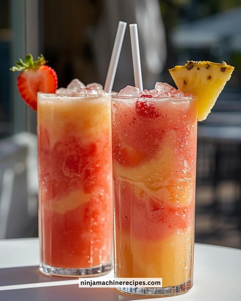 Pineapple Strawberry Swirl Slushie in a glass with ice and colorful swirls