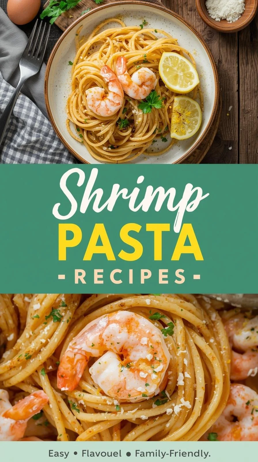 Plate of shrimp pasta with garlic and herbs