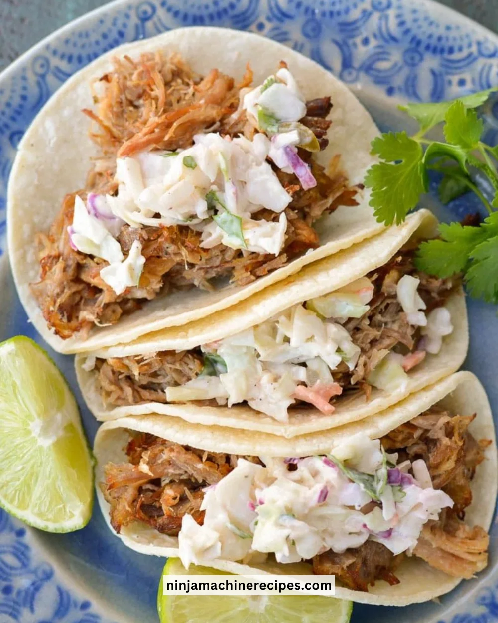 Delicious slow cooker carnitas served with jalapeño slaw on a plate