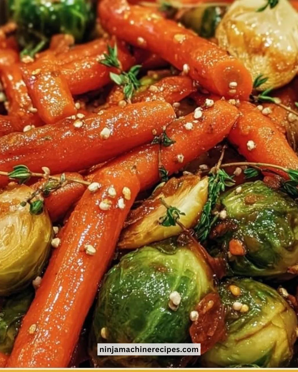Delicious slow-cooker maple glazed carrots served with Brussels sprouts