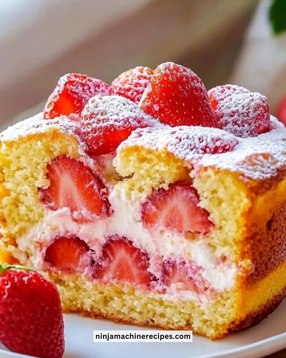 Homemade strawberry cake topped with fresh strawberries and whipped cream