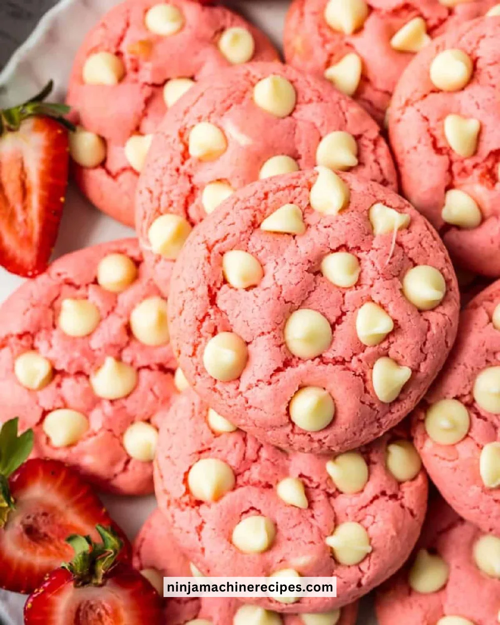 Freshly baked strawberry cookies with a soft texture and vibrant color.