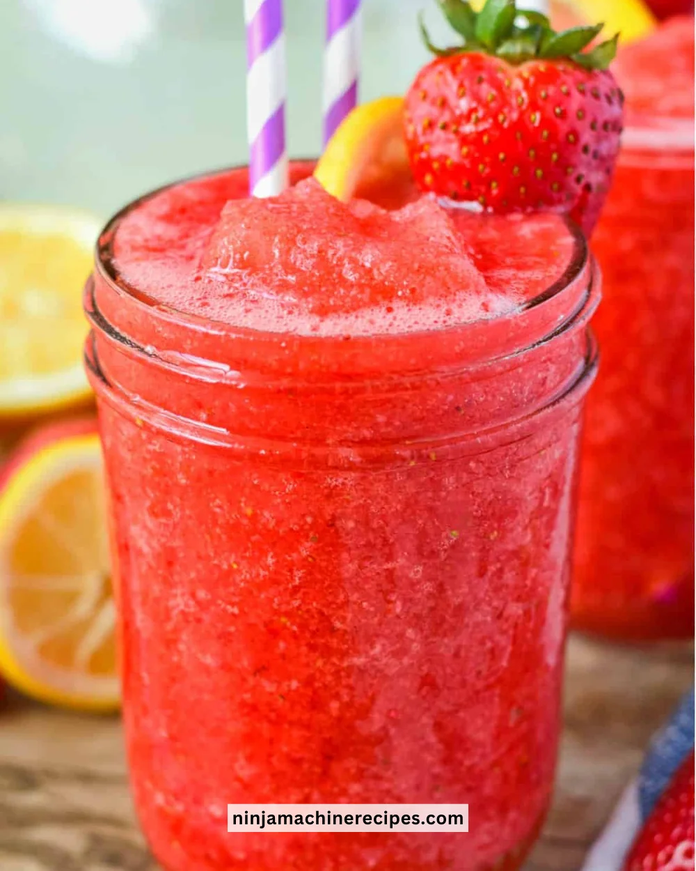 Delicious strawberry lemonade slushie in a glass with fresh strawberries.