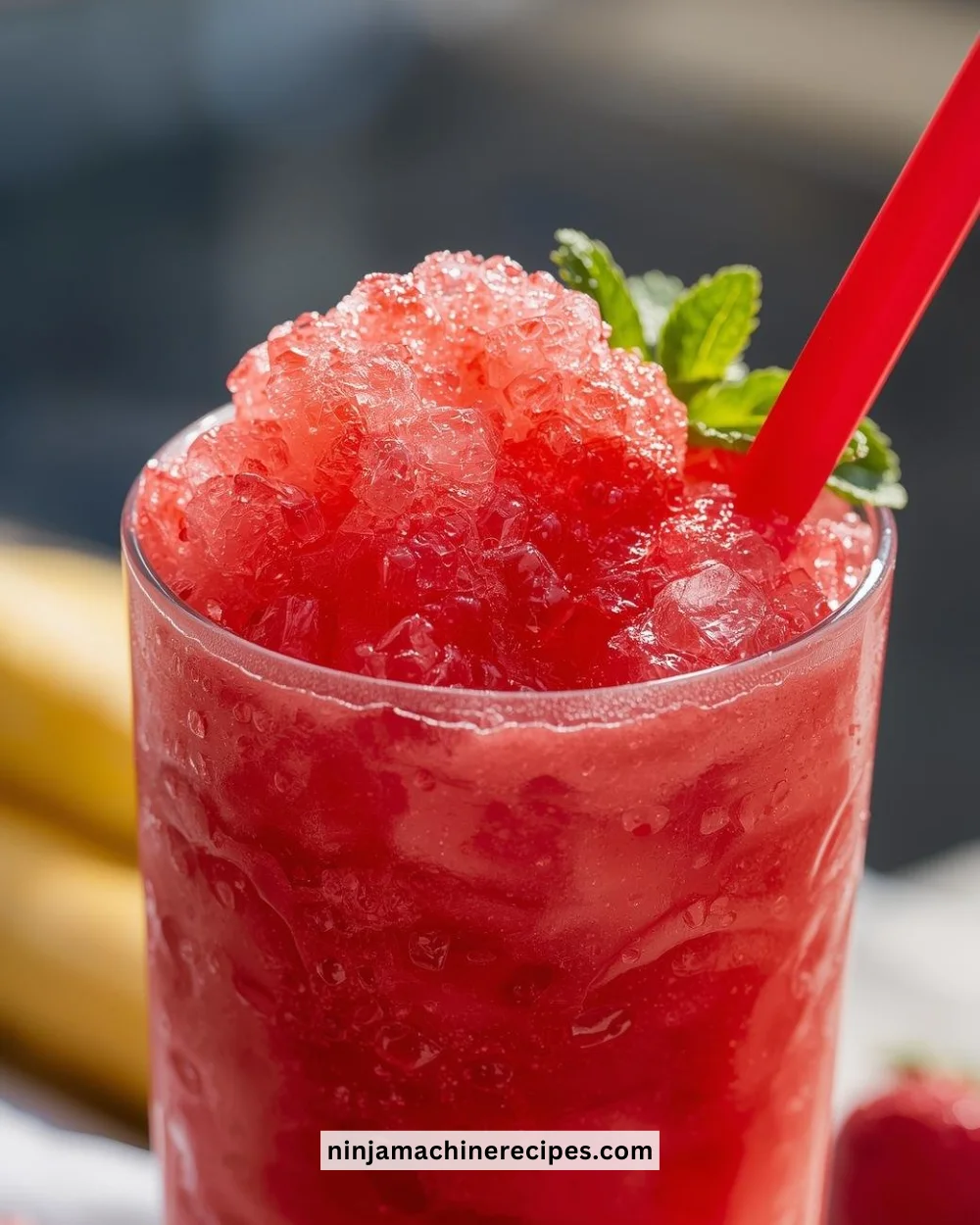 Delicious homemade strawberry slushy in a glass, garnished with fresh strawberries.