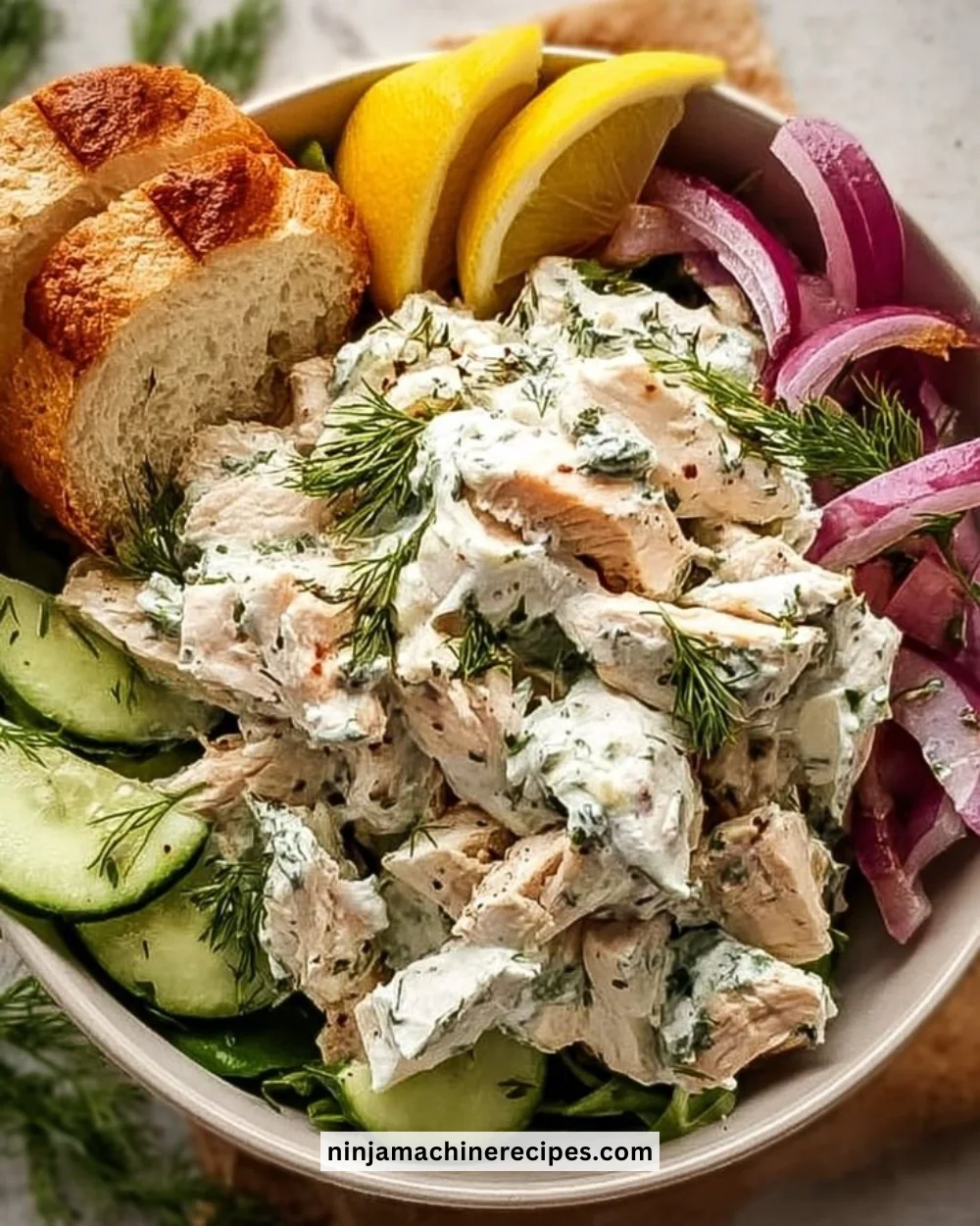 Delicious Tzatziki Chicken Salad with fresh vegetables and dressing