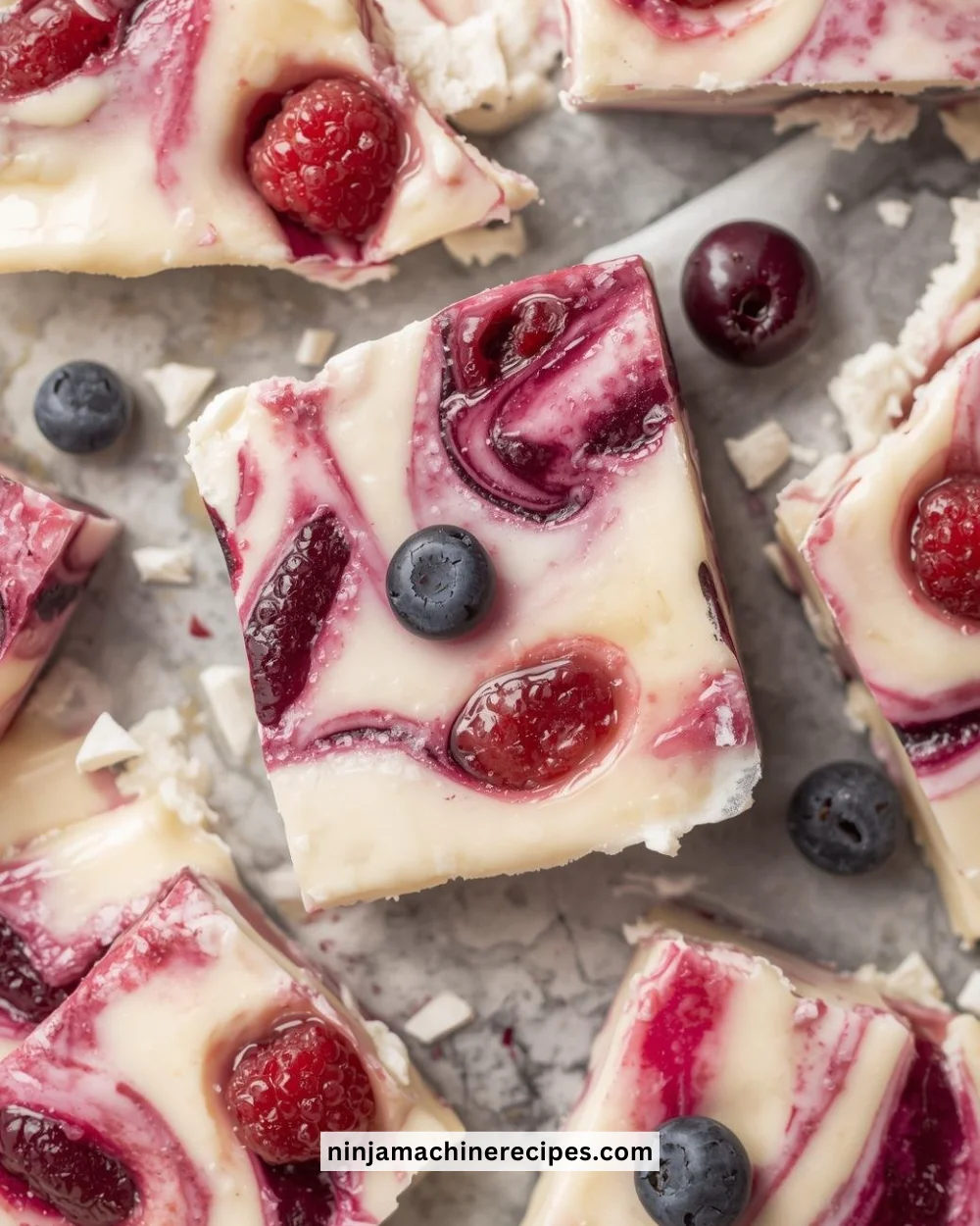 Delicious Vanilla Berry Frozen Yogurt Bark topped with fresh berries.