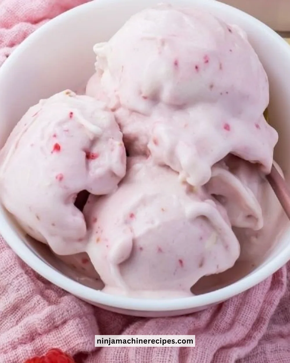 White Chocolate Raspberry Protein Ice Cream in a bowl with fresh raspberries