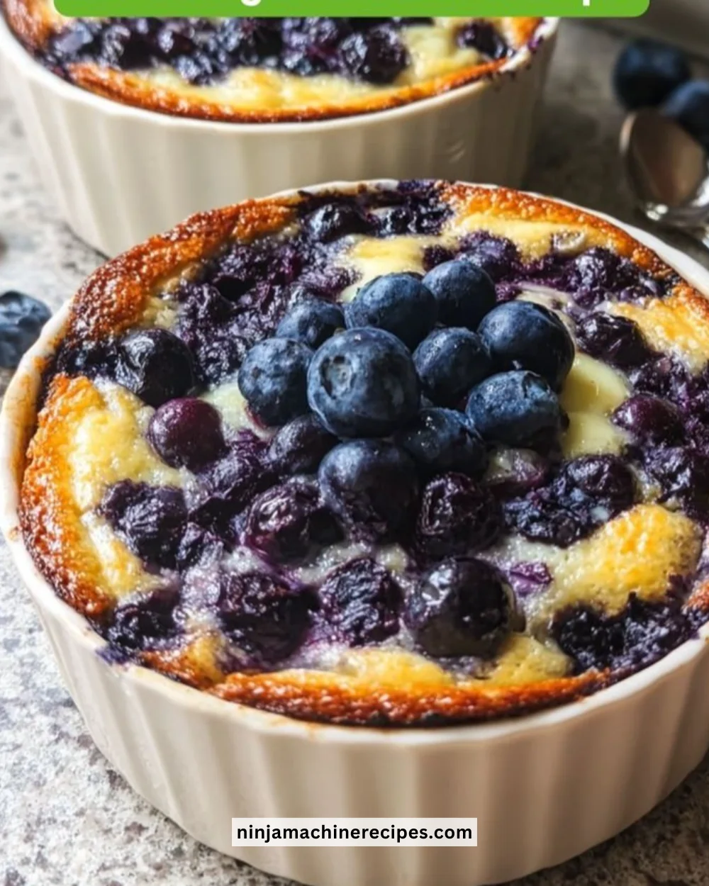 Delicious baked blueberry cottage cheese bowls topped with fresh blueberries.