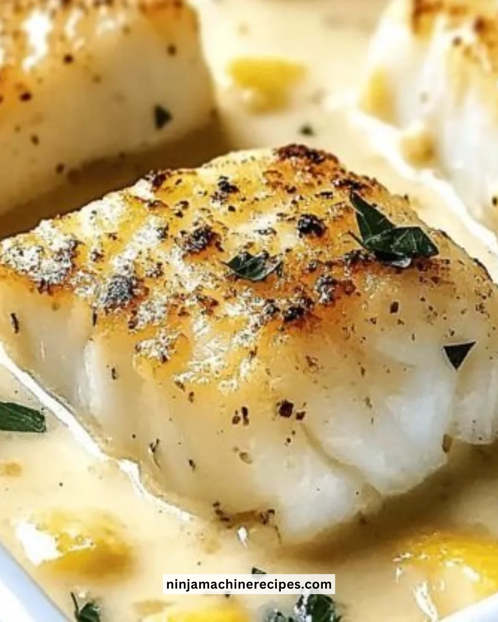 Delicious baked cod in coconut lemon cream sauce served on a plate