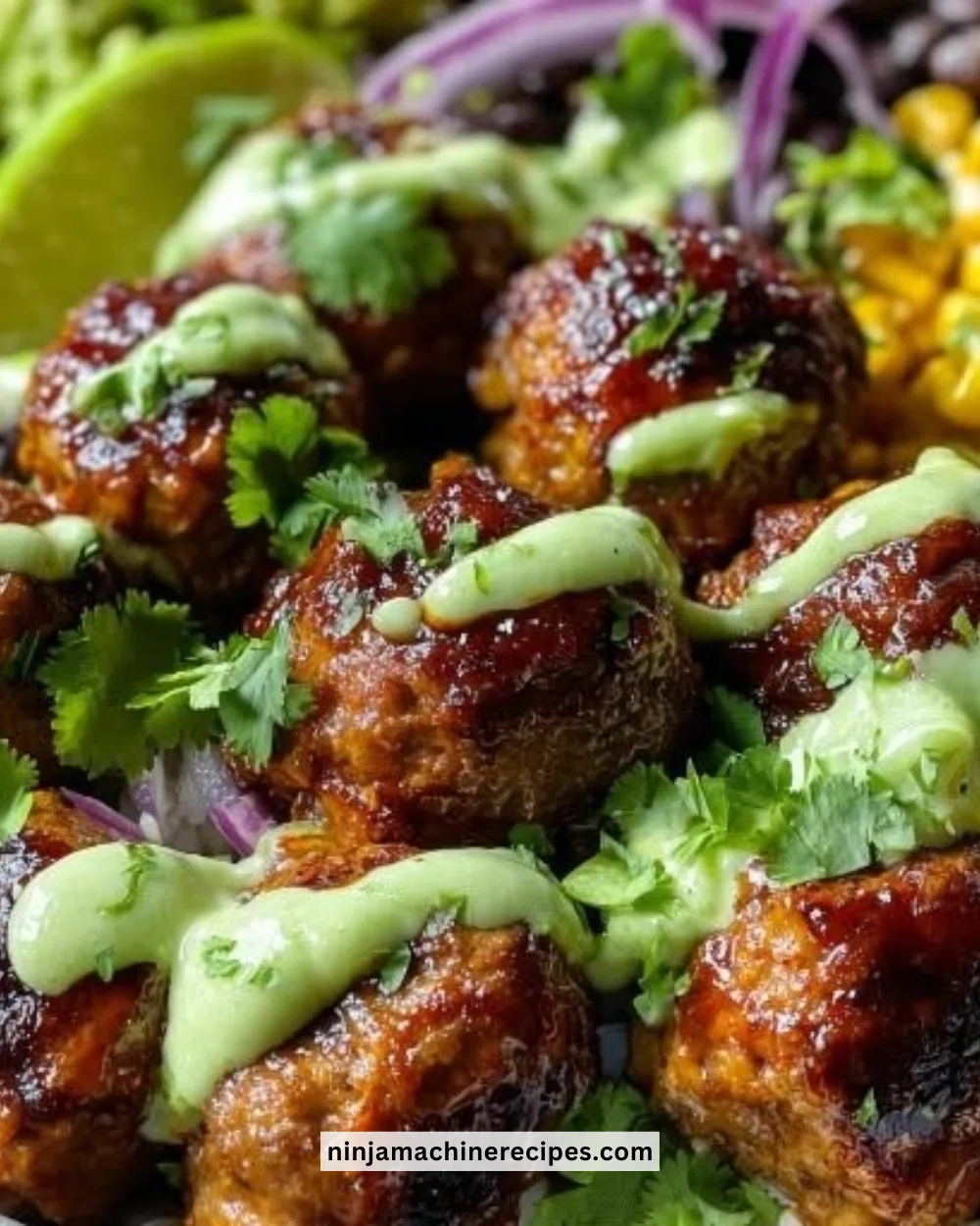 Delicious barbecue meatball bowls garnished with avocado goddess sauce.