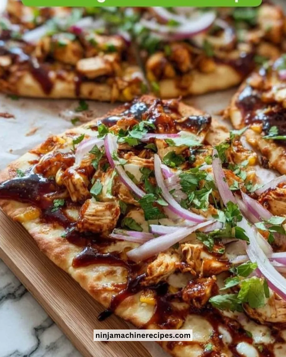 BBQ chicken flatbread topped with fresh vegetables and herbs.