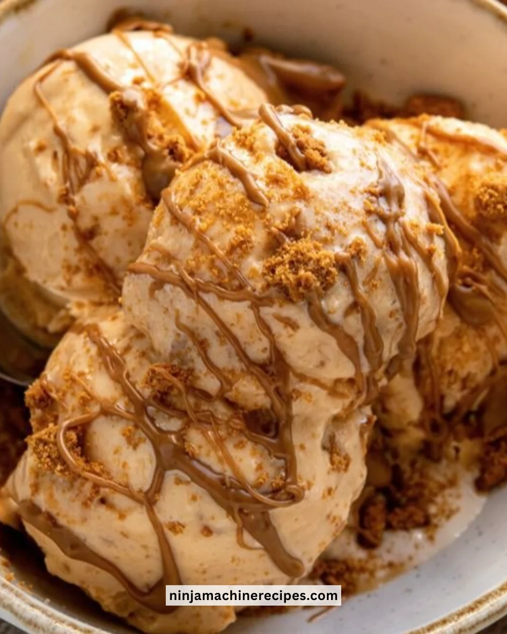 A bowl of creamy Biscoff Ice Cream topped with crushed Biscoff cookies.