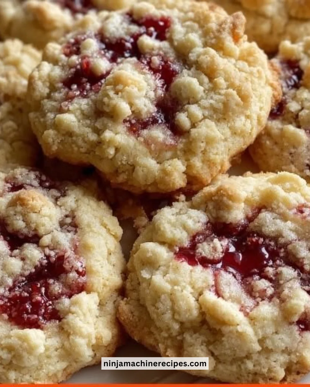 Buttery raspberry crumble cookies with fresh raspberries and crumbles on top