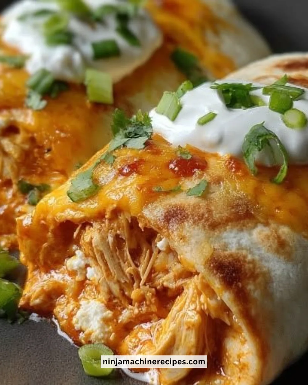Delicious cheesy Buffalo Chicken Burritos with spicy chicken and melted cheese