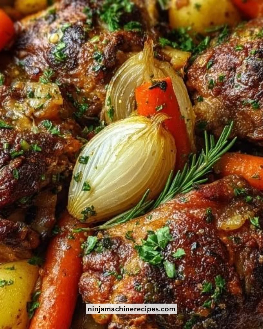 Delicious chicken thigh pot roast with vegetables in a rustic pot.