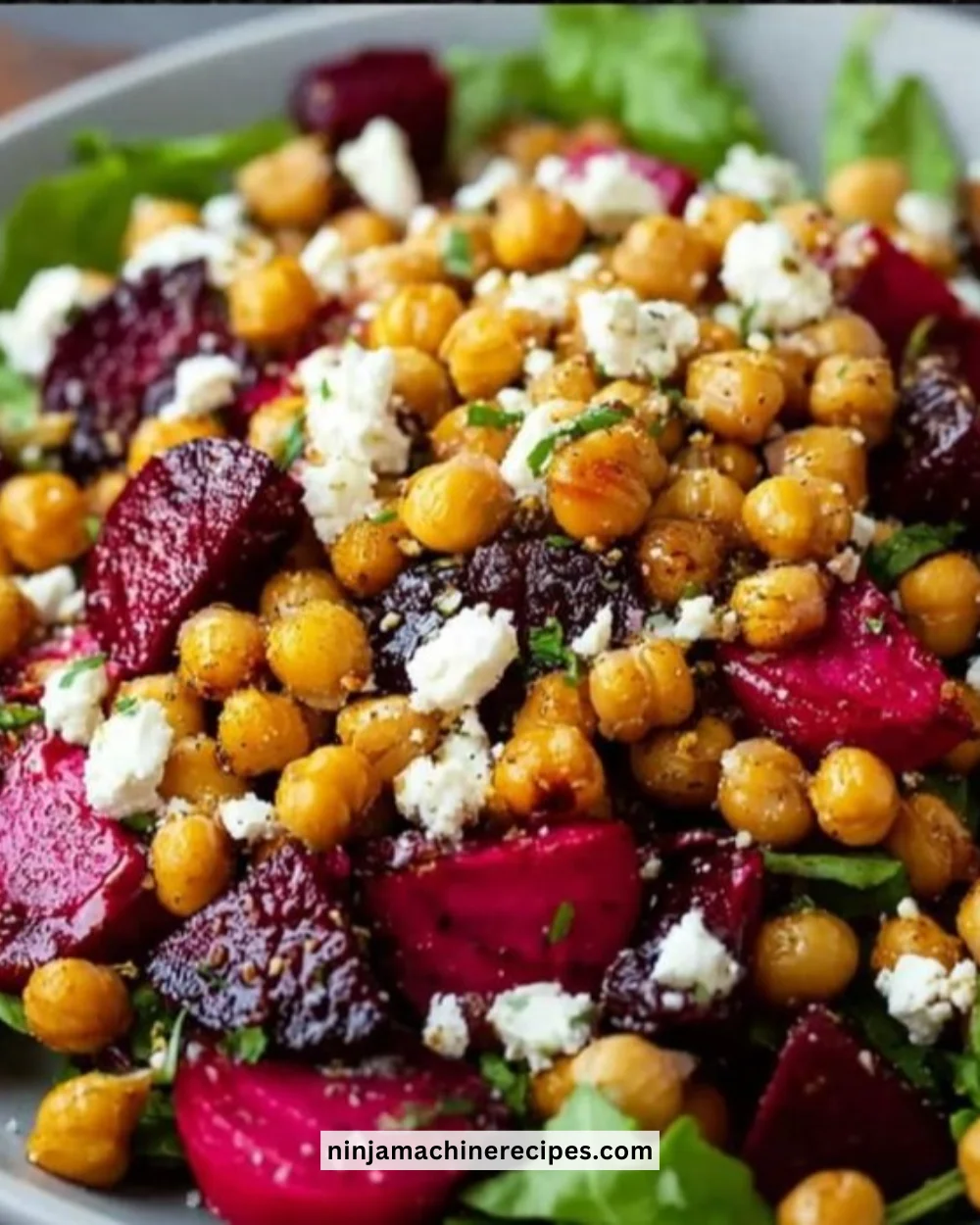 Chickpea salad with beets and feta cheese served in a bowl