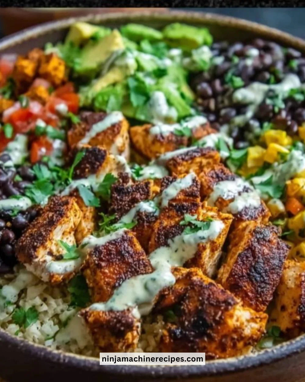 Chipotle Chicken Bowl with black beans, corn, and creamy sauce