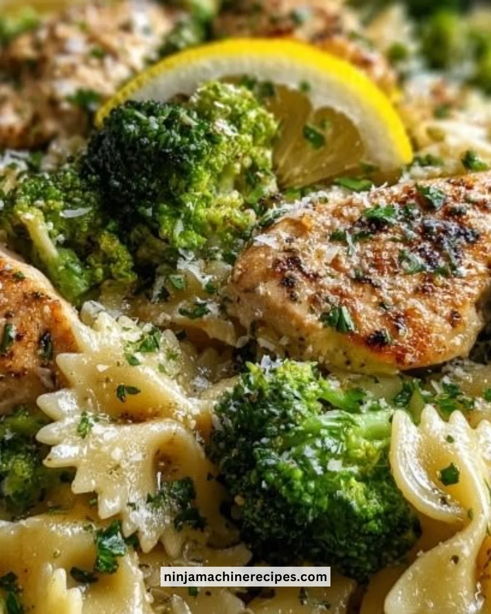 Cowboy Butter Lemon Bowtie Chicken with Broccoli dish served on a plate