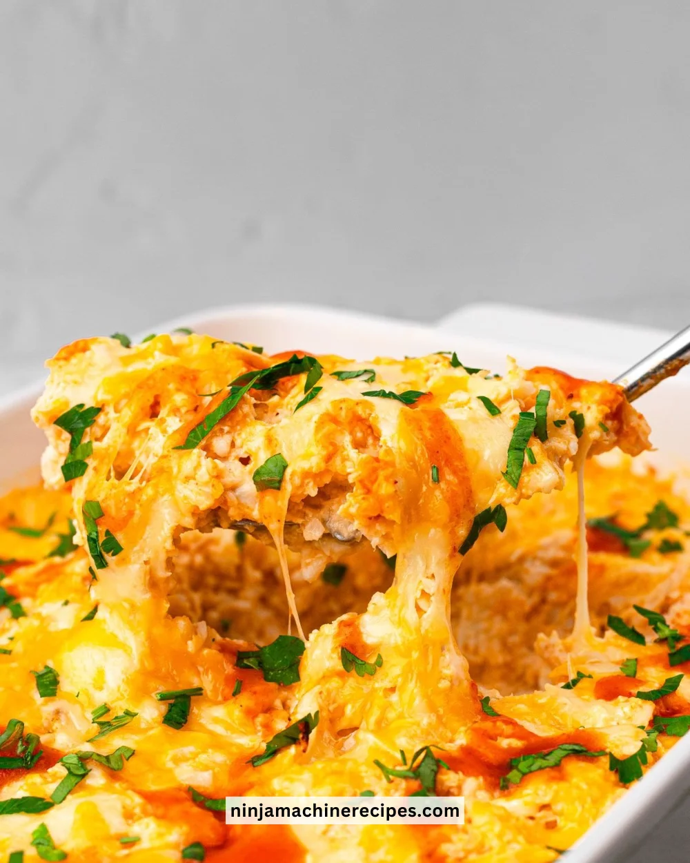Creamy Buffalo Chicken Cauliflower Casserole dish fresh out of the oven