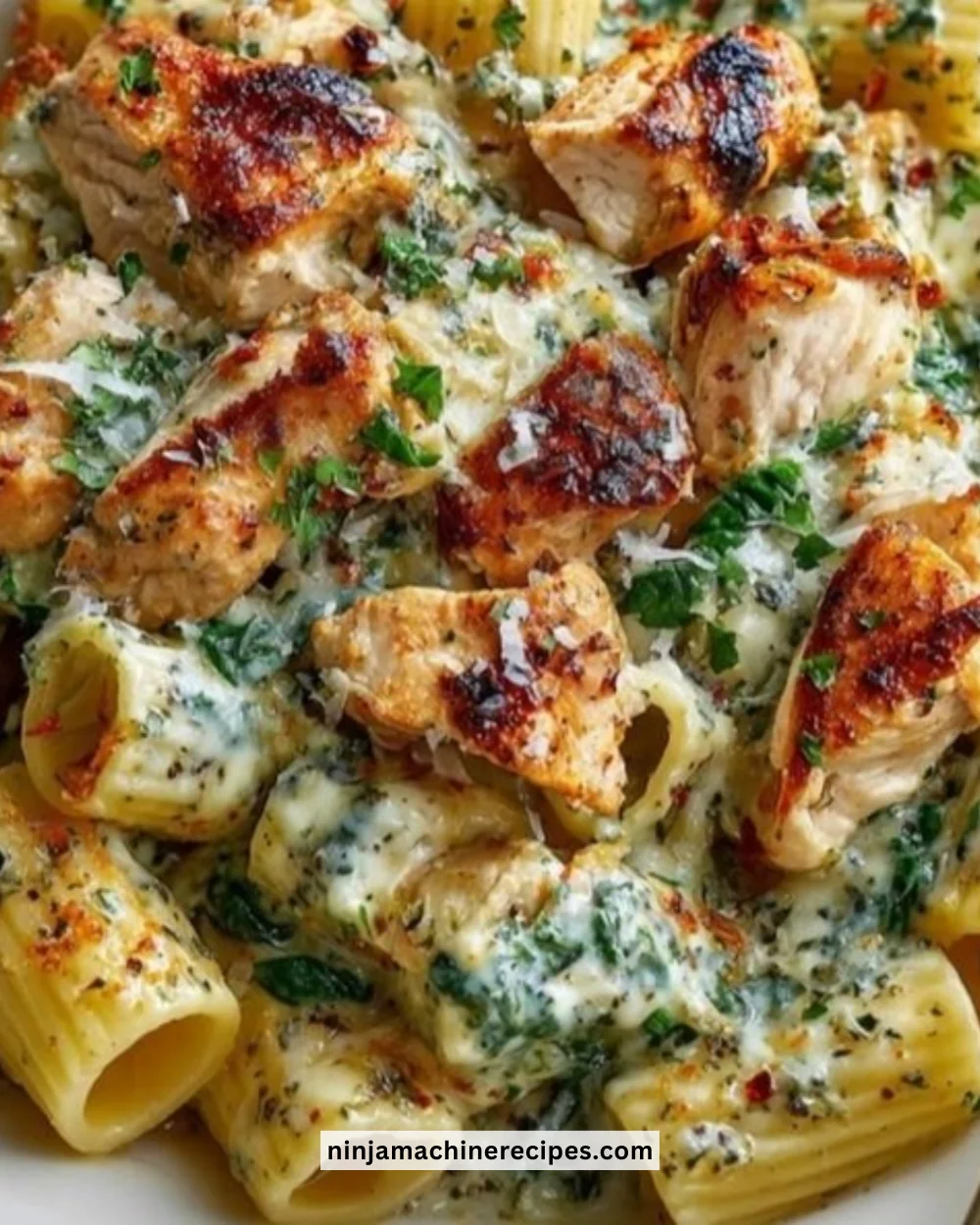 Creamy pesto chicken pasta in a bowl topped with fresh basil leaves