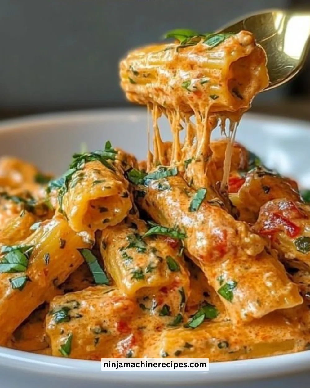 Creamy tomato garlic pasta topped with fresh herbs in a bowl