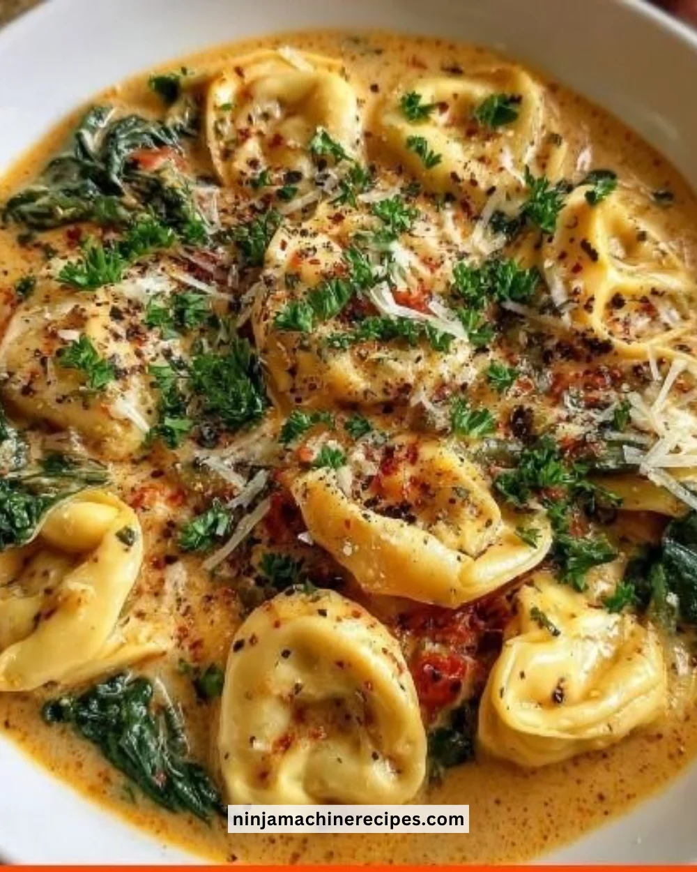 Bowl of creamy Tuscan garlic tortellini soup garnished with herbs.