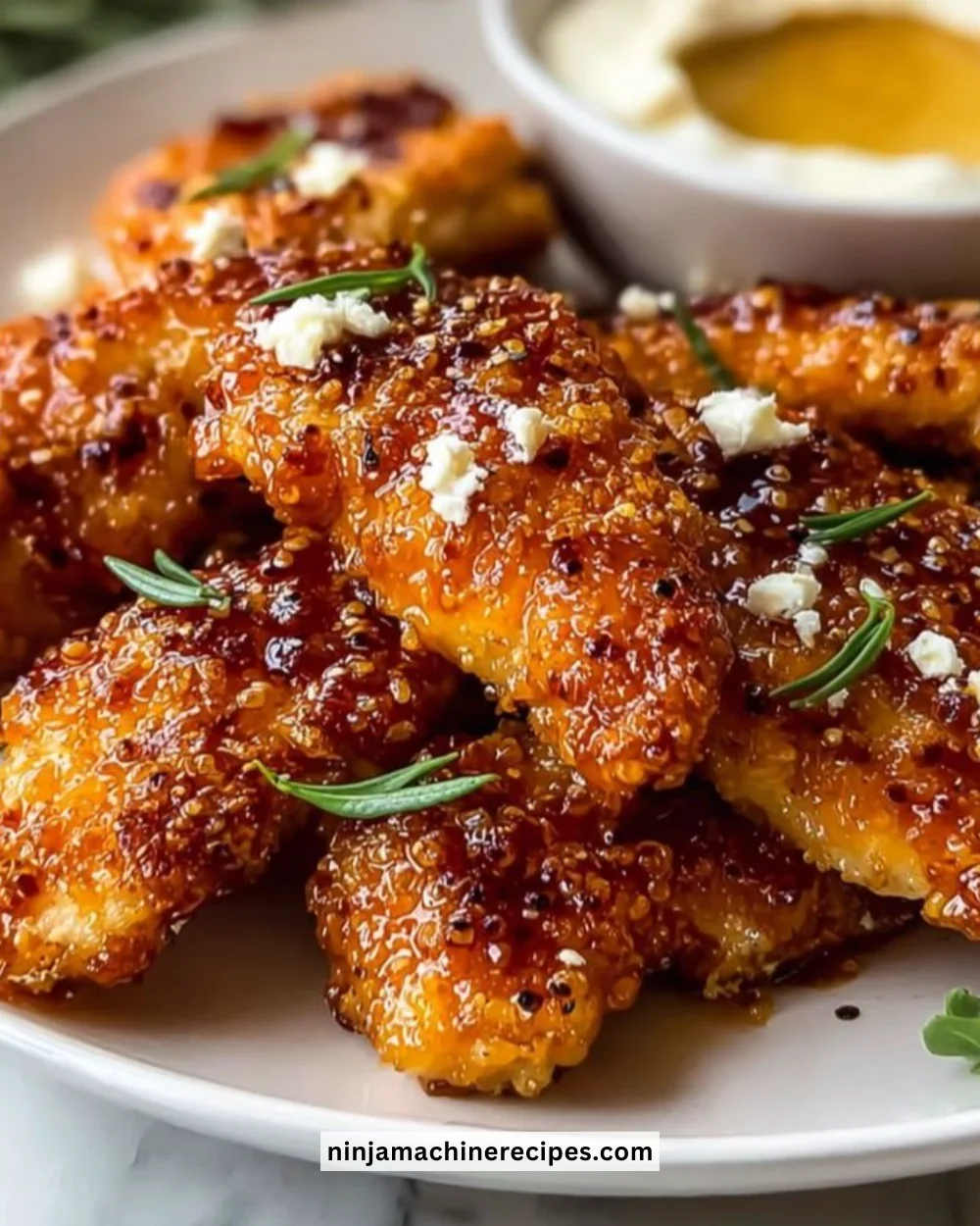 Crispy hot honey feta chicken garnished with herbs and drizzled with hot honey