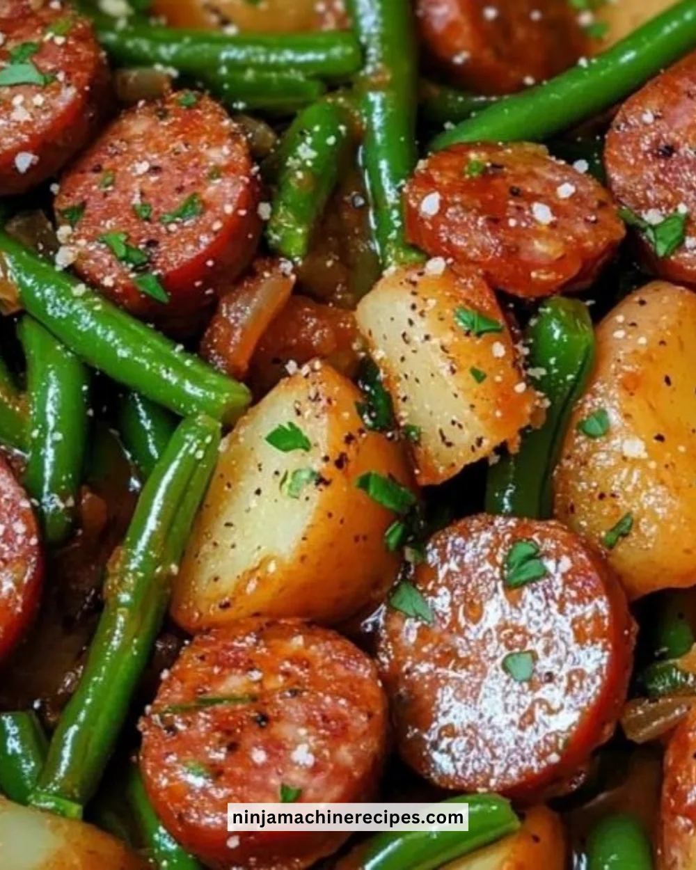 Crockpot Kielbasa and Green Beans ready to serve