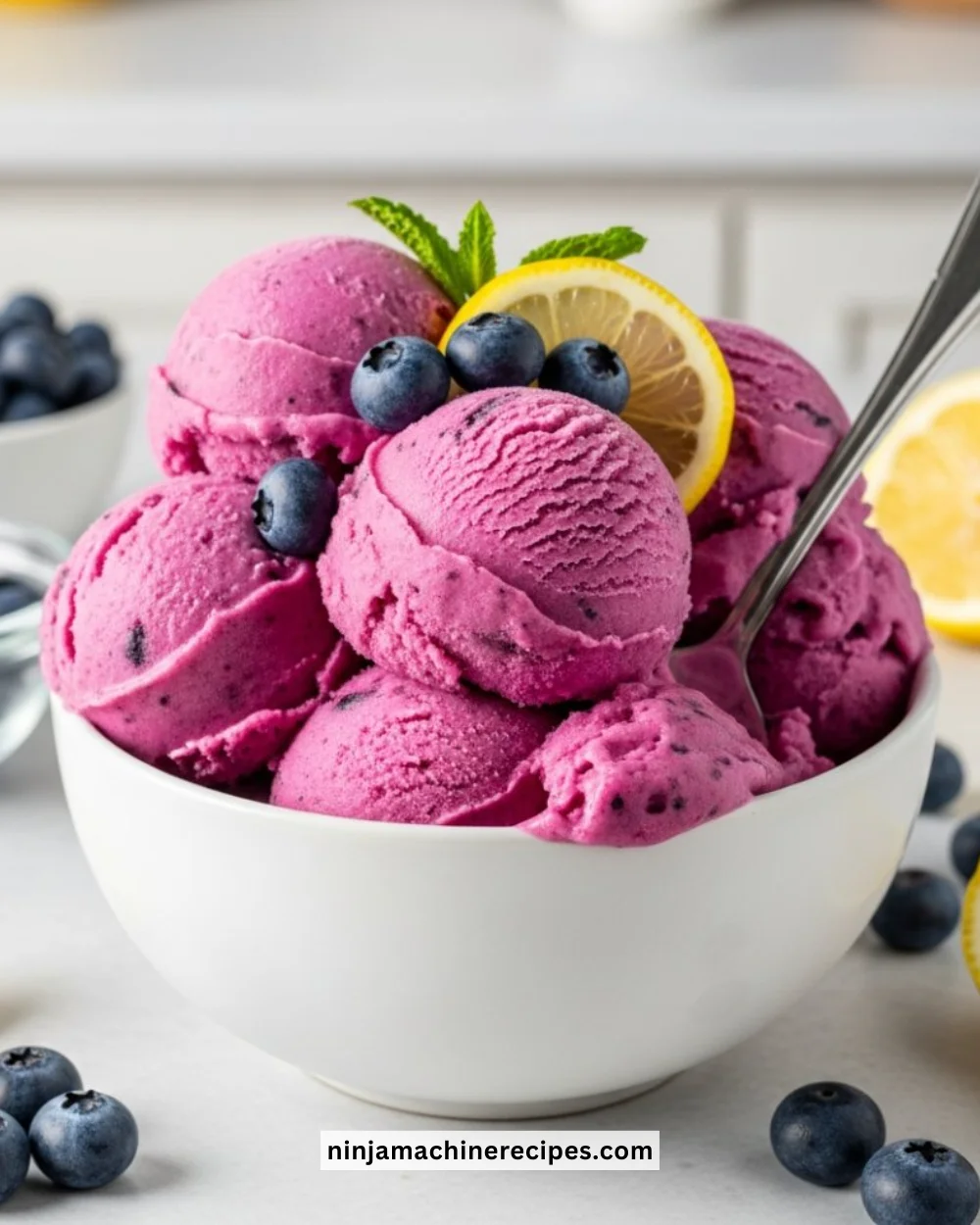 Delicious blueberry lemonade sorbet prepared with a Ninja Creami machine