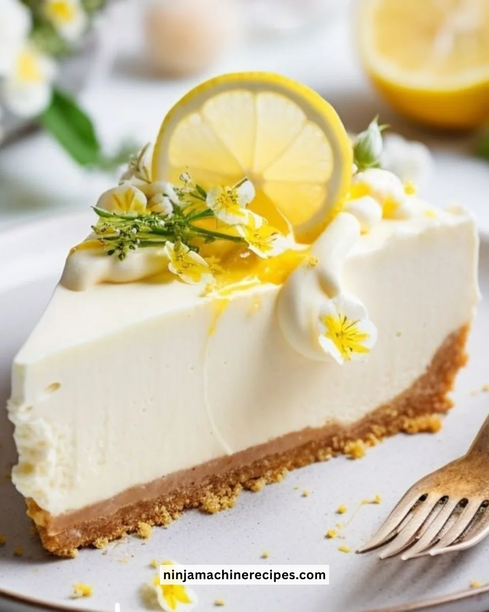 Delicious easy no bake lemon cheesecake topped with fresh lemon slices