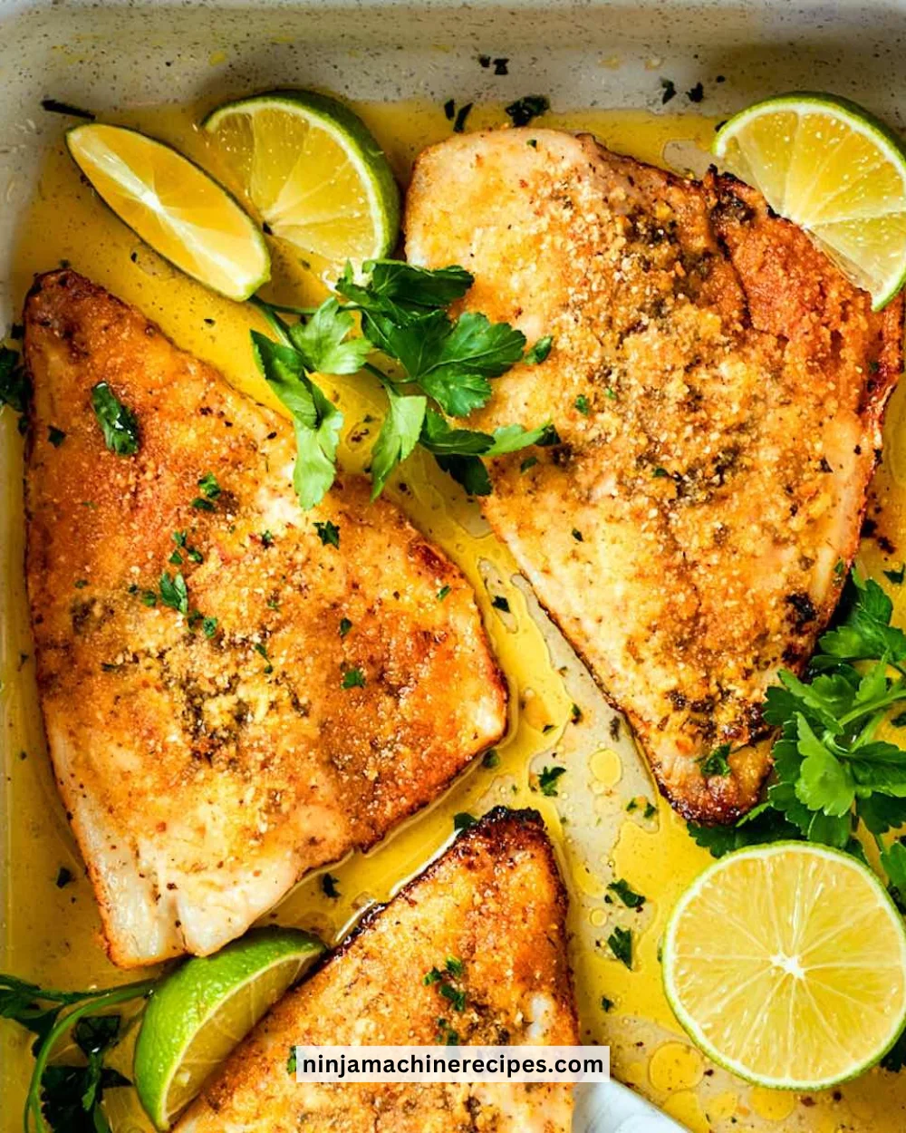 Lemon-Herb Baked Flounder served on a plate with fresh herbs and lemon slices