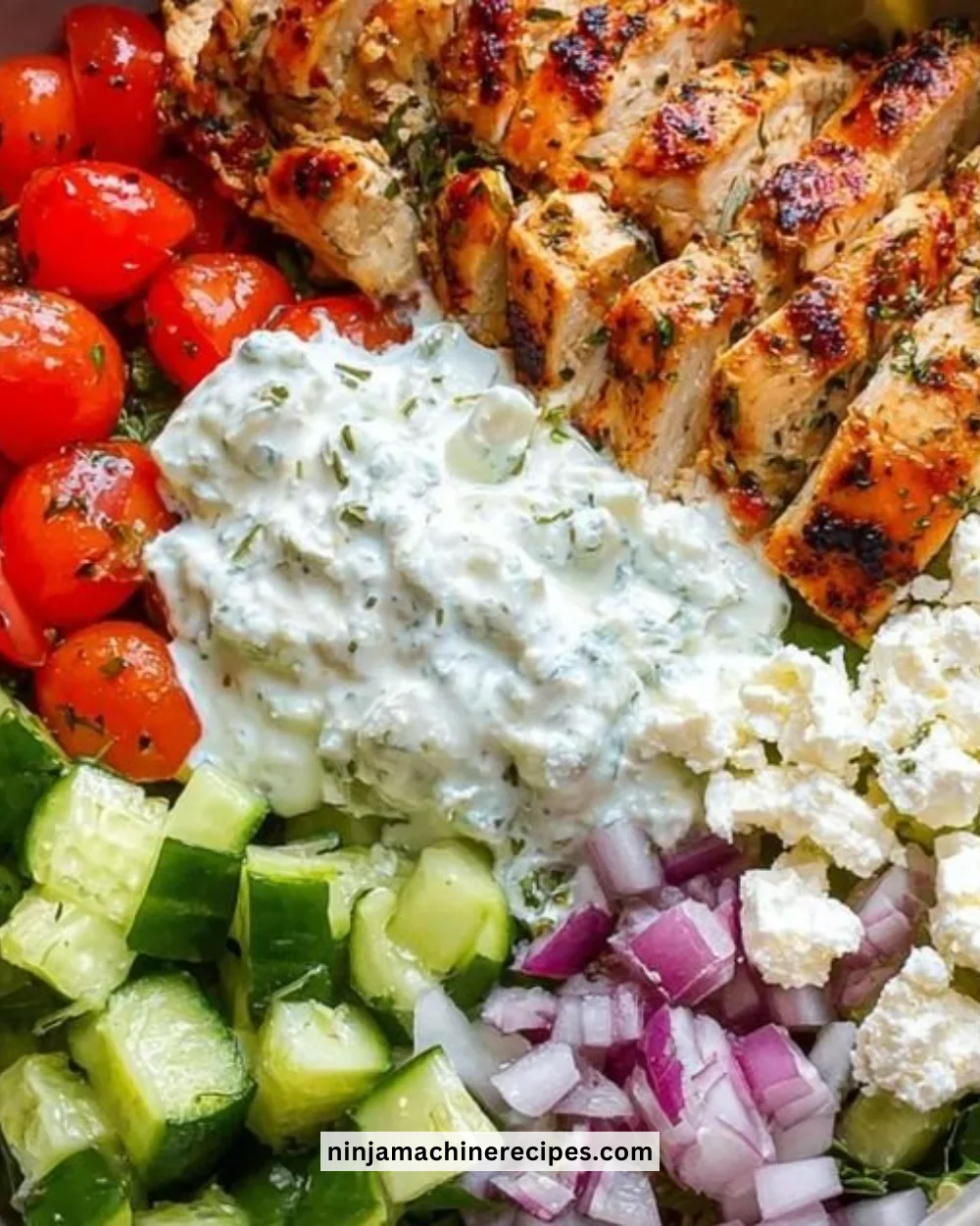 Delicious Greek Chicken Bowl with fresh vegetables and herbs