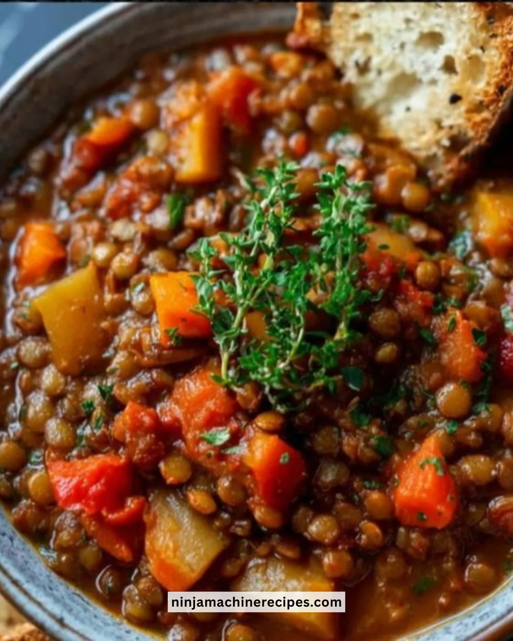 Hearty lentil stew bowl with vegetables and spices
