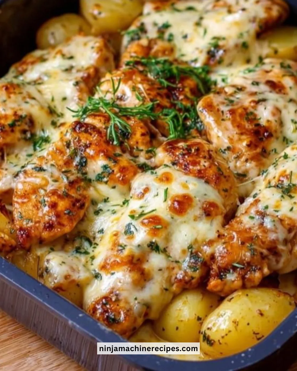 High-Protein Creamy Garlic Cheesy Chicken served with potatoes