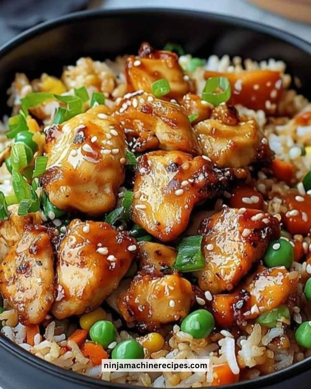 Delicious high protein crispy garlic chicken fried rice served in a bowl