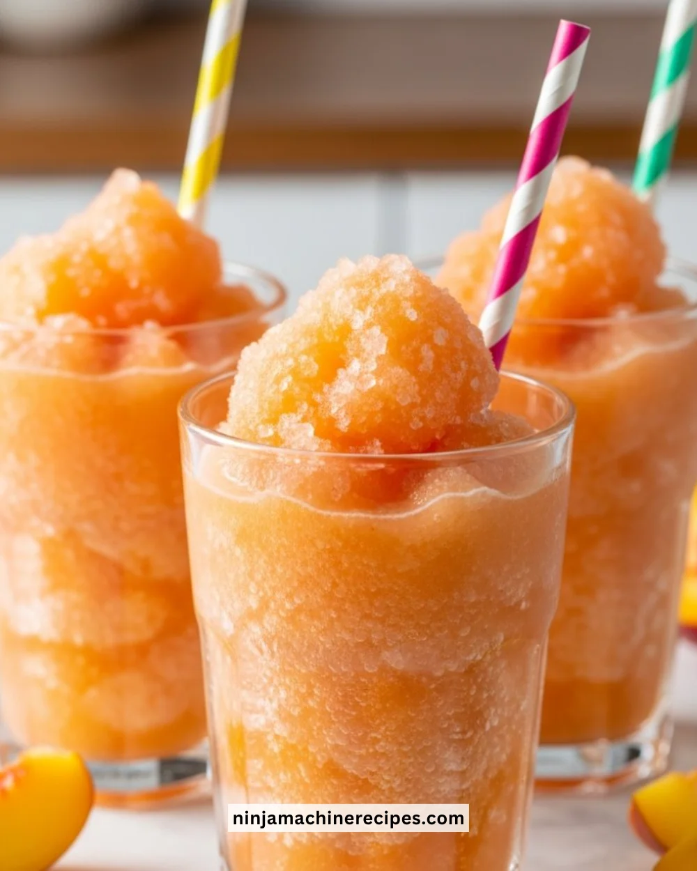 Homemade peach slurpees in a colorful glass with peach slices
