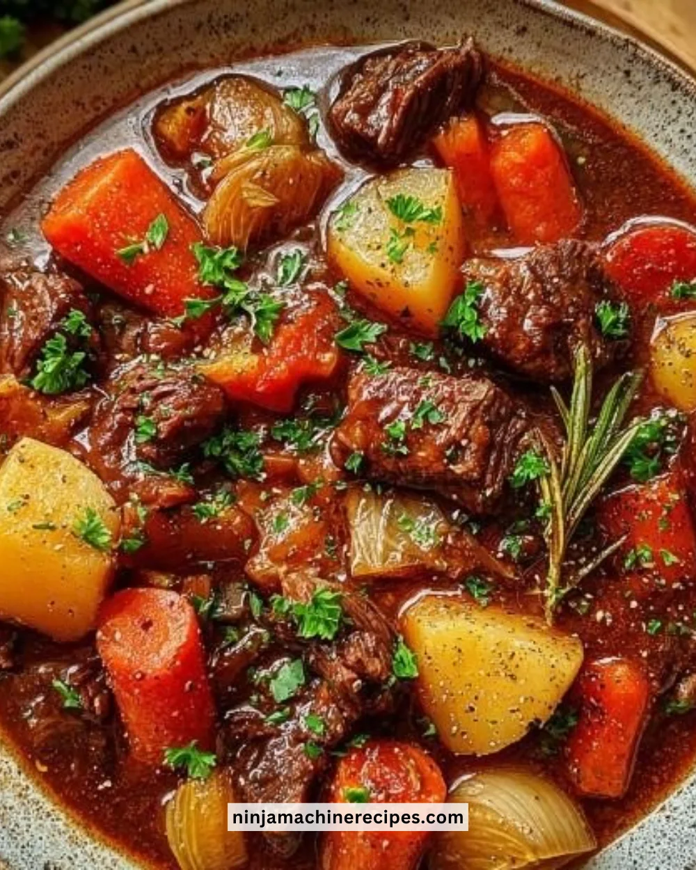 Delicious Irish Guinness Beef Stew served in a bowl with herbs and vegetables.