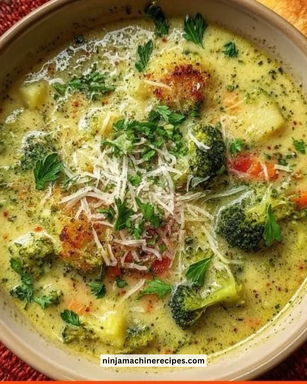 Bowl of creamy Italian broccoli soup garnished with fresh herbs