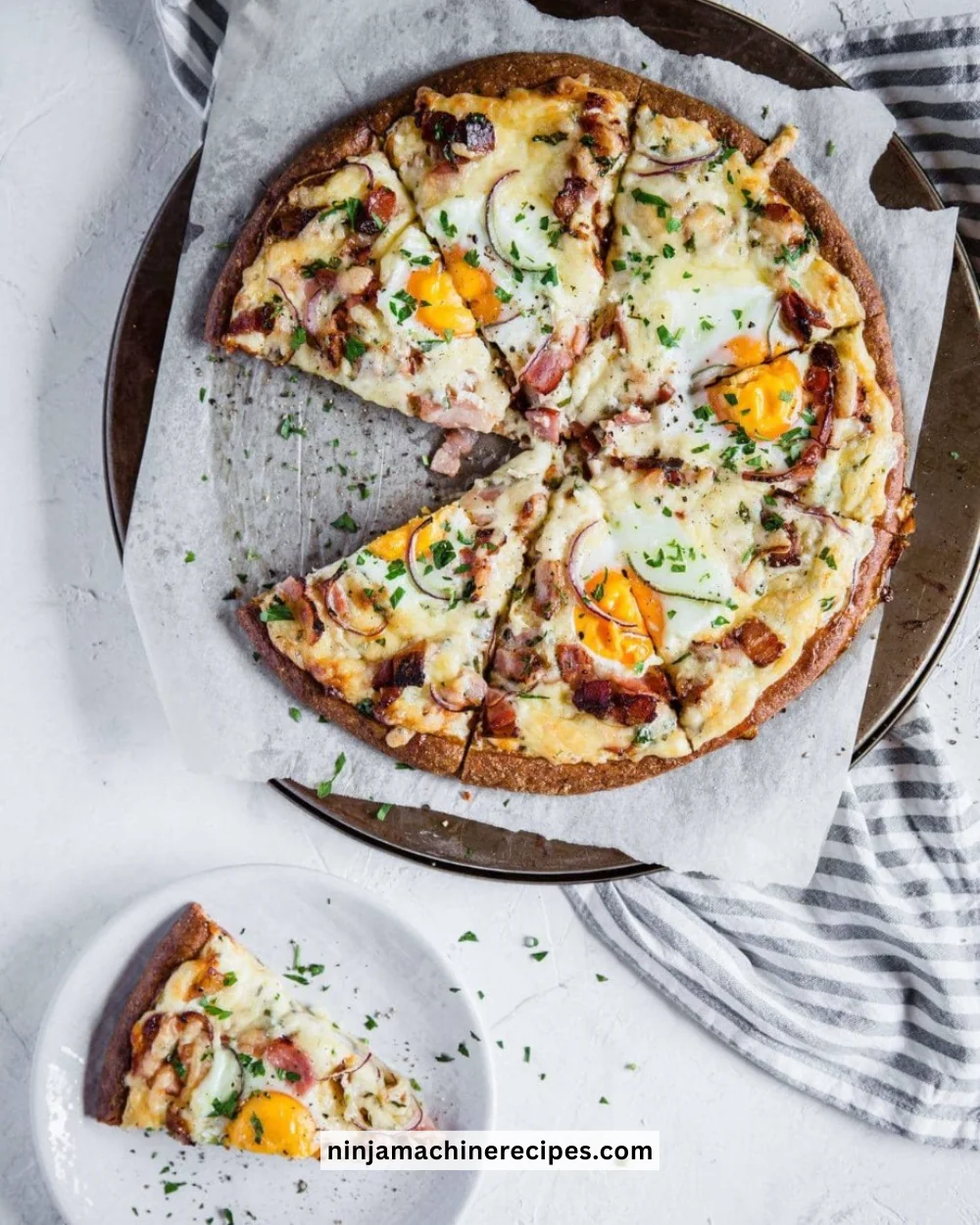 Delicious Keto Breakfast Pizza topped with cheese, eggs, and veggies
