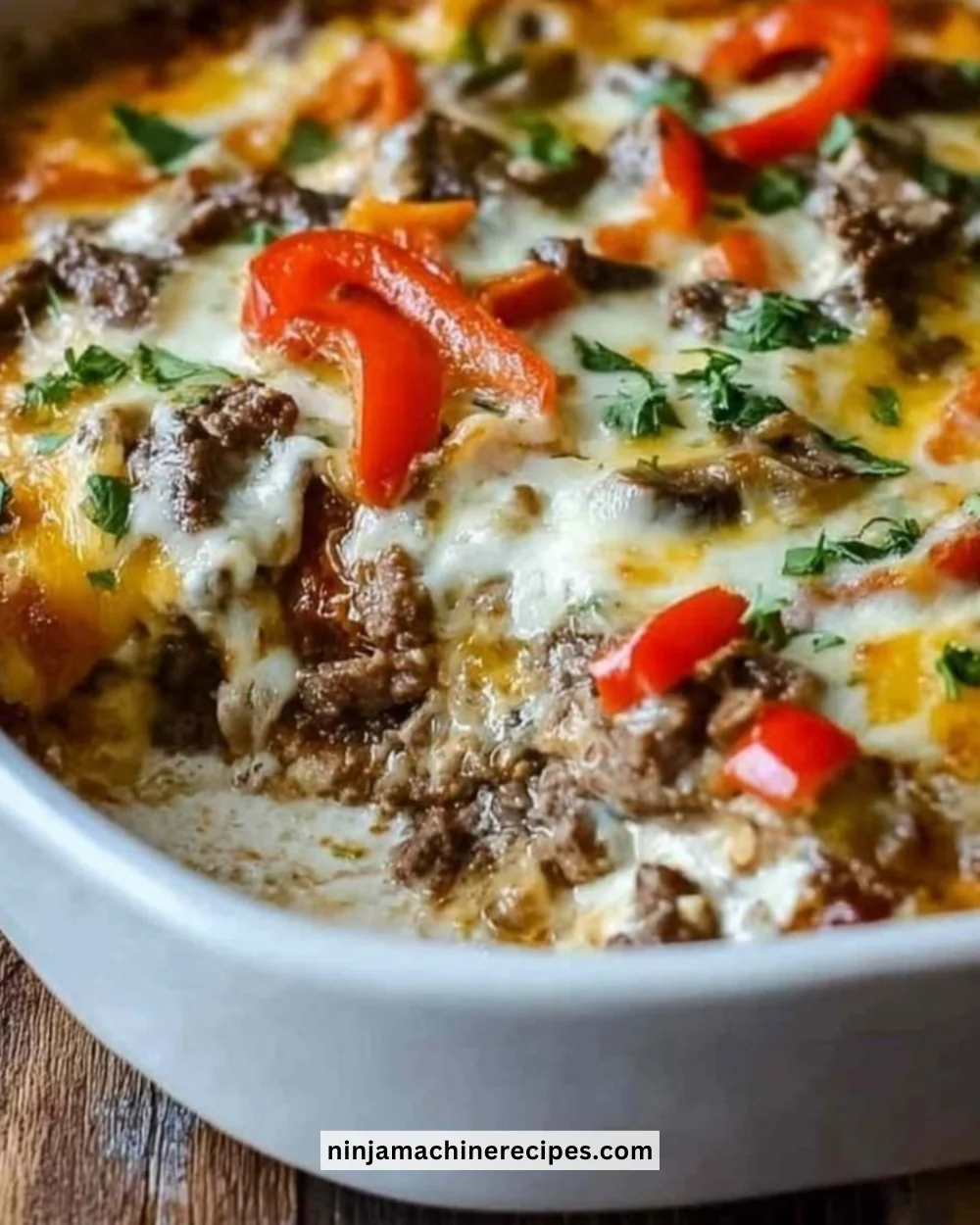 Low Carb Philly Cheesesteak Casserole with cheese and peppers